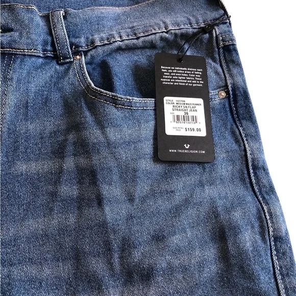 True Religion Men’s Ricky Big T Flap Jeans 36x33 Blue Maze Relaxed Straight NWT - Picture 5 of 8